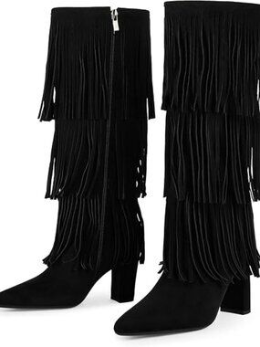 Knee High Boots Women Fold Over Boots Chunky Heel Pointed Toe Tall Boots